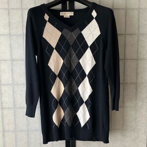 Michael Kors Argyle Patterned Cotton Blend Knit V-Neck Sweater Top 3/4 Sleeves